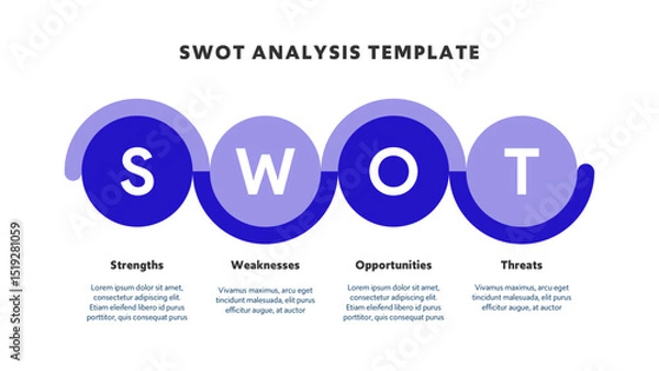 Fototapeta Four colorful elements with text inside placed around circle. Concept of SWOT-analysis template or strategic planning technique. Infographic design template. Vector illustration