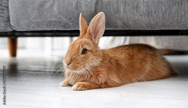 Fototapeta Adorable Red Bunny Lounging on a White Floor Near a Grey Sofa in a Cozy Living Space, Captured in Stunning HighResolution Detail.