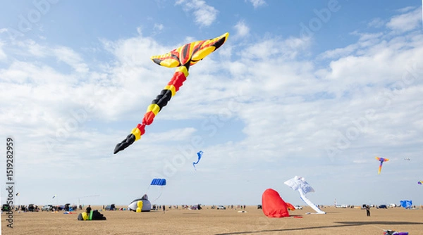 Fototapeta  Lytham st annes Lancashire uk 9th September 2023 Kite Festival, a crowded busy beach scene of families having fun on the beach during an event on a bright summer's day
