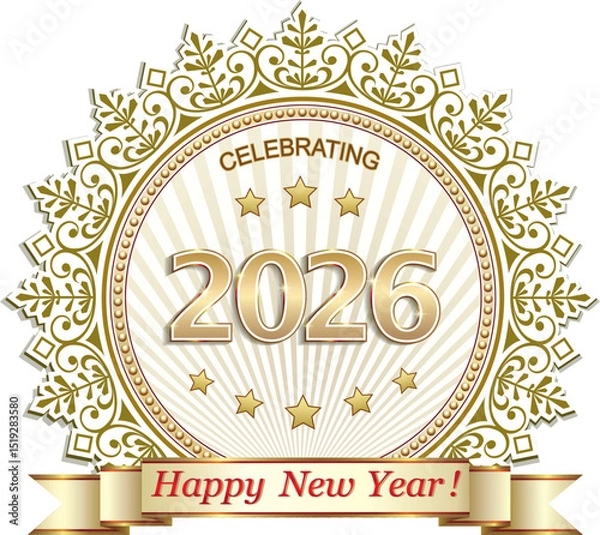 Obraz Happy New Year 2026. Greeting card, background, icon for winter holidays design. Number 2026 with stars on snowflake background is decorated with ribbon with congratulations. Vector illustration