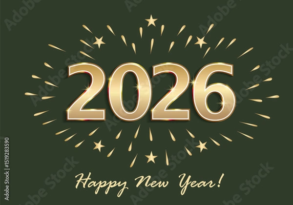 Obraz Happy New Year 2026.  Abstract background with golden numbers and fireworks for banners, greeting card, icon, typography, web. Vector illustration
