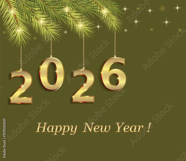Obraz Happy New Year 2026 background. Christmas card with numbers 2026 hanging on fir branches. Vector illustration