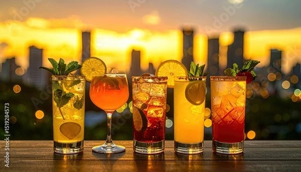Obraz Refreshing collection of colorful cocktails displayed at sunset with a vibrant city skyline in the background