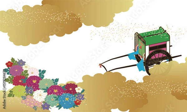 Obraz 日本の歴史的な貴族の乗り物、牛車と菊などの花柄イメージイラスト。