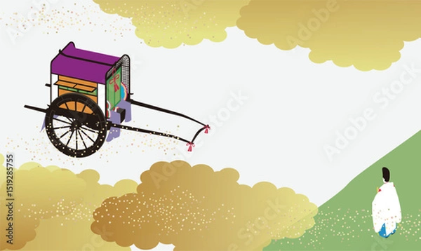 Obraz 日本の歴史的な貴族の乗り物、牛車と牛車に乗る女性と狩衣の男性のイメージイラスト。