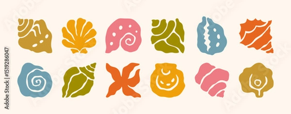 Obraz Boho Summer Seashells Icons in Retro Style. Groovy Geometric Shells, Sea Star, Snail, Scallop. Vector Abstract Square Tropical Illustration in Freehand for Logo, Patterns, T-Shirt Print, Stickers
