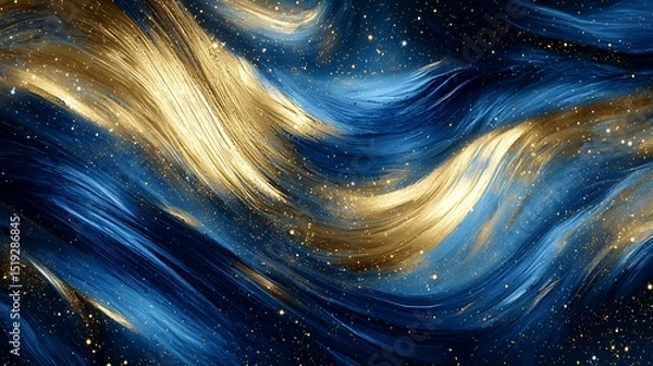 Fototapeta Cosmic brush strokes in gold and indigo, creating the illusion of distant galaxies and swirling gas clouds in an ethereal, abstract space scene.