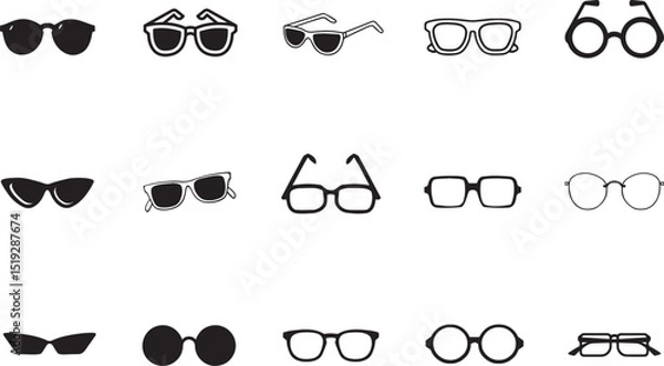 Fototapeta sunglasses and eyeglasses. Includes round, square, cat-eye, aviator, and modern fashion glasses in both outline and solid designs.