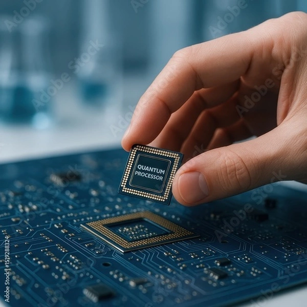 Fototapeta Quantum processor core being handled with precision in a laboratory setting for advanced computing development
