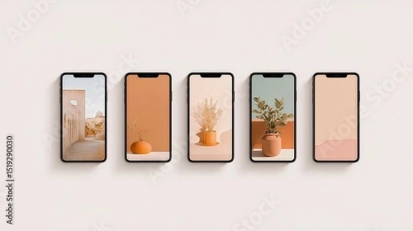Obraz Five Mockup Phones with Minimalist Backgrounds and Plant Arrangements
