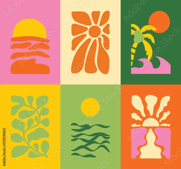 Obraz Abstract summer botanical doodle background art vector set. Hand drawn flower, leaves, sea wave, coconut tree, sun. Design for print, wallpaper, clipart, wall art for home decoration.