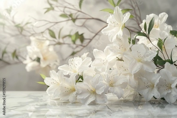 Fototapeta Elegant White Azalea Blooms on Marble with Bokeh Background bokeh petals bloom floral arrangement