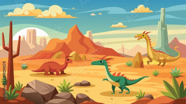 Fototapeta Cartoon Dinosaurs Roaming in a Desert Landscape with Mountains and Cacti