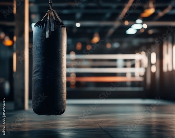 Fototapeta A black punching bag hangs in the gym, with a blurred boxing ring in the background.