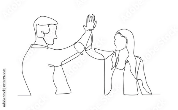 Fototapeta Continuous line drawing of two people clapping high five gesture. Business teamwork success sketch art editable stroke vector illustration