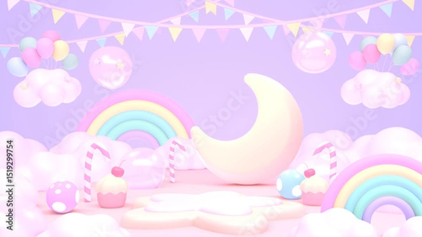 Fototapeta 3D render cartoon empty star-shaped podium and moon in rainbow candy land.