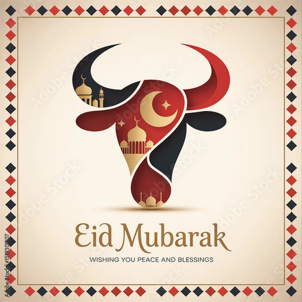 Obraz Eid Mubarak Celebration: A stunning illustration of a bull, intertwined with symbols of faith like a mosque and moon, and the warm greeting "Eid Mubarak," embodying peace and blessings.
