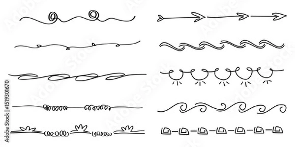 Fototapeta Doodle Decorative elements. Line borders, text dividers and swirls. isolated on white background. vector hand drawn illustration
