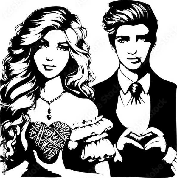 Fototapeta SVG boy and girl with heart, black and white vector file for printing, cutting