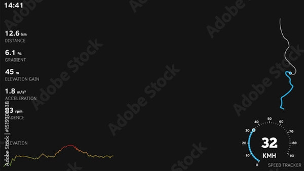 Fototapeta Vector bicycle telemetry overlay template on black background. Includes speed, altitude, GPS data, speed tracker and HUD elements. For action camera on bike, sport videos photo overlays.
