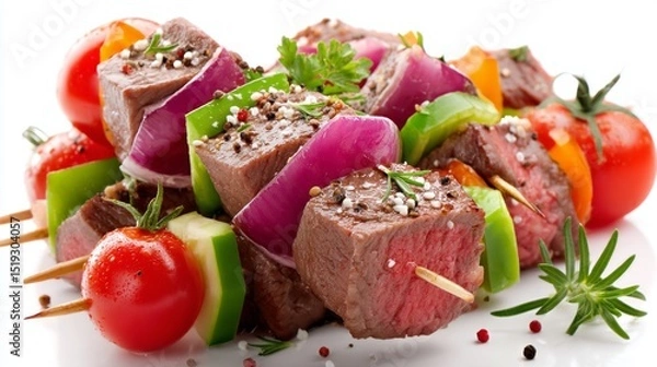 Obraz Juicy pieces of beef are skewered with vibrant vegetables including bell peppers, onions, and cherry tomatoes, showcasing flavors perfect for a summer barbecue