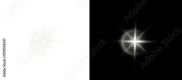 Fototapeta PNG starburst explosion with shine, glow, bokeh and white sparkle flare on night sky vector background for festive magic atmosphere and light effect card PNG.