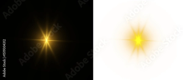 Fototapeta PNG yellow glow with sparkle and golden star light flare on transparent background, dust and glitter shine with bright explosion magic spark and festive mood PNG.