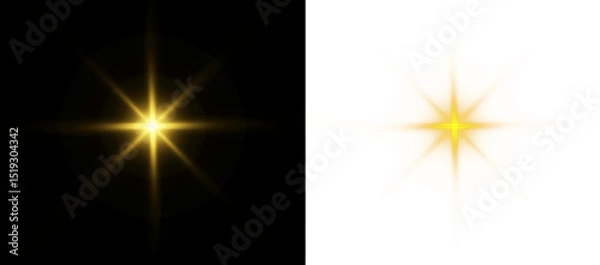 Fototapeta PNG abstract starburst with yellow flare, bokeh particles, sparkle light and glitter explosion on festive night sky background for holiday card and magic effect PNG.
