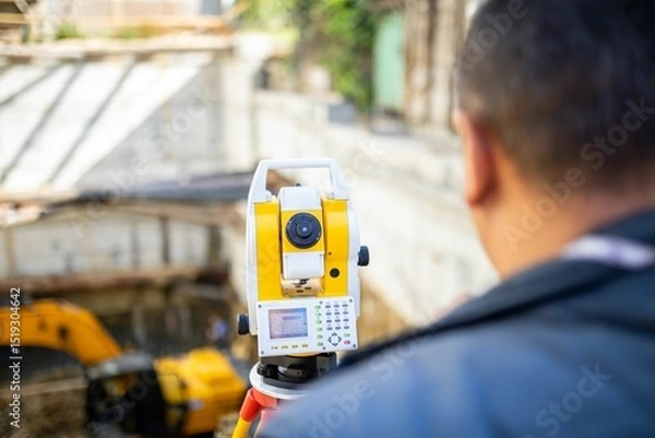 Obraz Surveying equipment in use during construction project at urban site in daylight