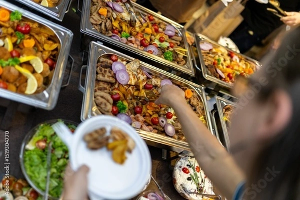 Obraz Crowd gathers around buffet with diverse dishes at culinary event in evening