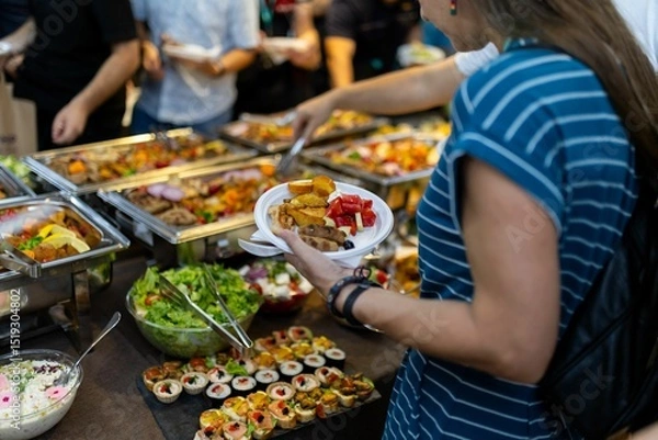 Obraz Buffet dining experience with a variety of dishes during a gathering in a casual setting