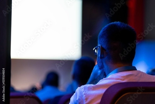 Obraz Audience member watches presentation in dimly lit auditorium during educational event