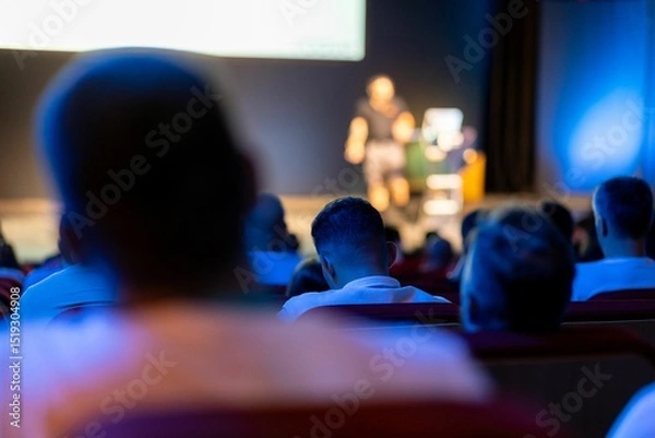 Obraz Audience focused on speaker during a conference presentation in a well-lit auditorium setting