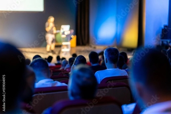 Fototapeta Audience engaging with speaker during an educational presentation in a theater setting at a conference event