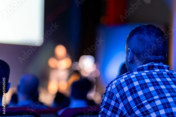 Fototapeta Attendees observe a speaker during a technology conference focused on innovation and development