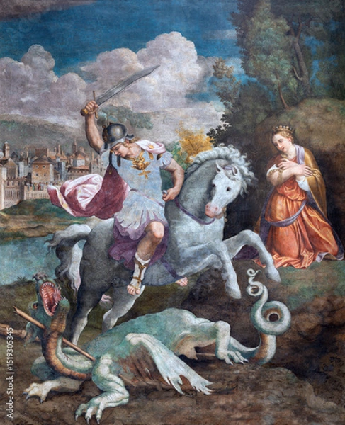 Obraz PIACENZA, WŁOCHY - 19 MAJA 2025: Fresk św. Jerzego w kościele Bazyliki Santa Maria di Campagna autorstwa Bernardino Gattiego (1543).
