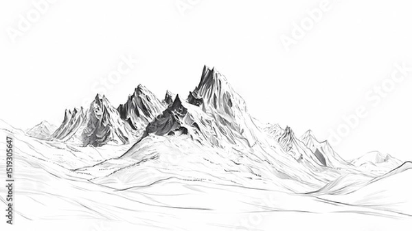 Fototapeta Black and white light sketch of the mountains soft rolling hills turning into rugged peaks, stylized and elegant lines