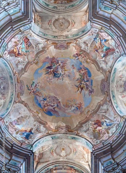 Fototapeta LODI, ITALY - MAY 21, 2025: The baroque fresco of Assumption of Virgin Mary in the chruch Chiesa di San Filippo Neri by Carlo Innocenzo Carloni from 18. cent.
