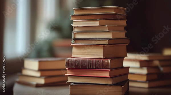Fototapeta Stack Of Vintage Books On Table With Soft Background Light