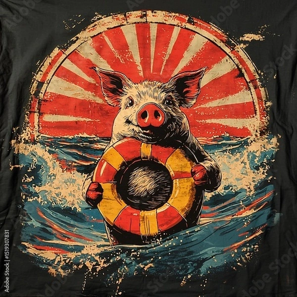 Fototapeta Pig with life preserver in ocean