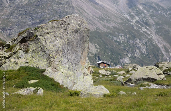 Fototapeta The valley under Monte Rosa and Punta Gnifetti paks and the Rifugio Zambon Zappa chalet  - Valle Anzasca valley.