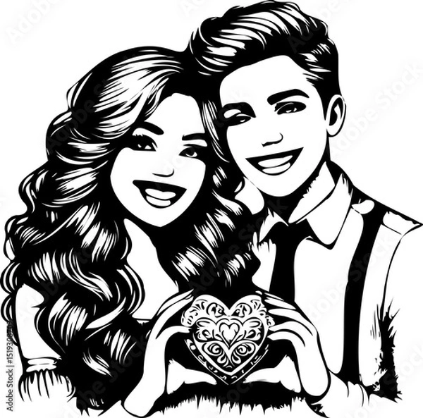 Fototapeta SVG happy boy and girl with heart, black and white vector file for printing, cutting