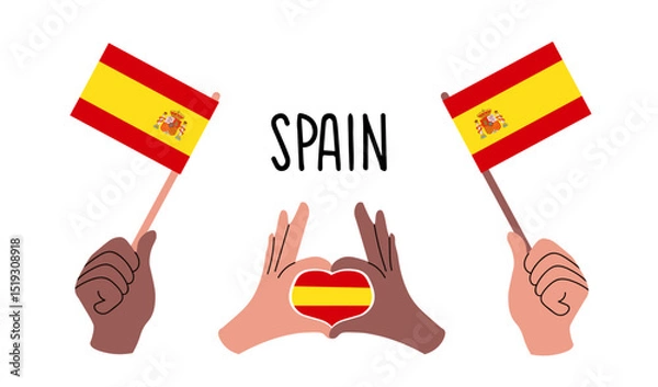 Fototapeta Spain flags. Vector illustration of diverse hands holding Spain flags and forming a heart with the Spanish flag. Symbol of unity, patriotism, love for Spain, celebration of national pride.