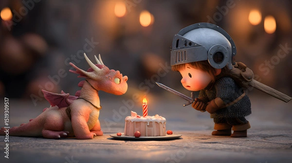 Obraz 3d Cartoon of a child knight training a baby dragon