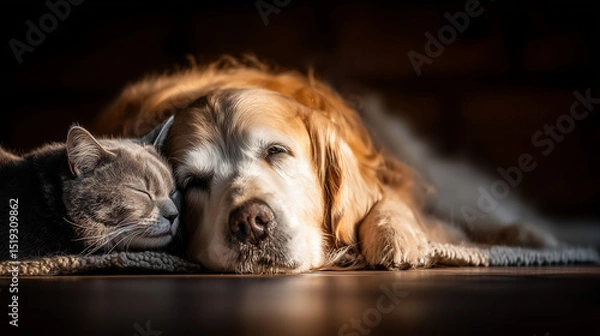 Obraz Golden retriever and kitten sharing a quiet moment on a cozy blanket, a heartwarming bond between unlikely friends
