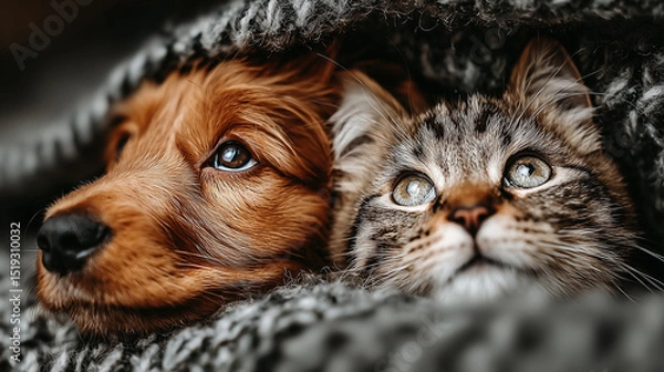 Obraz Golden retriever and kitten sharing a quiet moment on a cozy blanket, a heartwarming bond between unlikely friends
