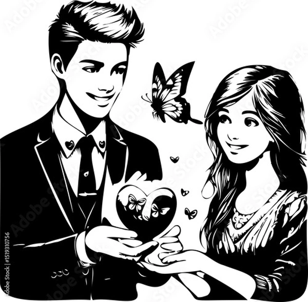 Fototapeta SVG happy boy and girl with heart and butterfly above them black and white vector file for printing, cutting