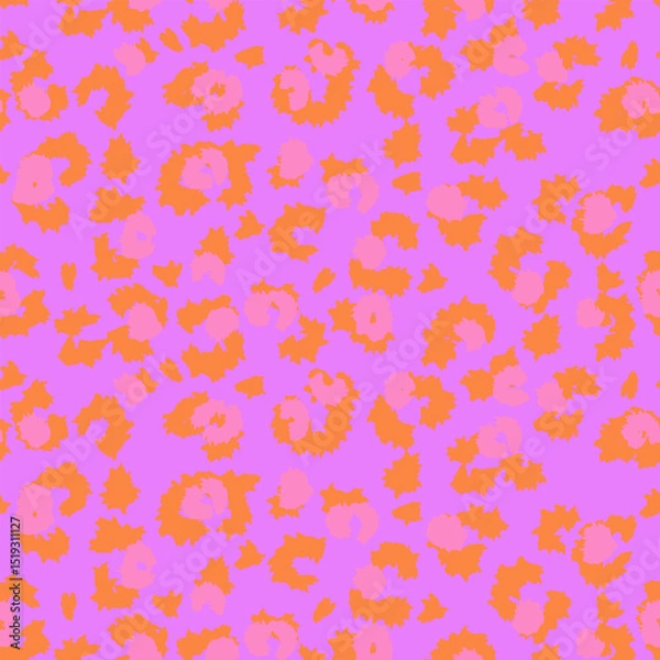 Fototapeta Trendy seamless leopard print vector pattern with a violet background, vivid orange outlines, and pink accents. Perfect for fashion, kids wear, stationery, and playful branding projects.