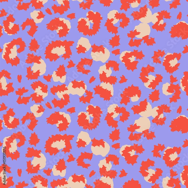 Fototapeta Trendy seamless vector pattern with a bold leopard print. Bright red orange spots with beige centers on a pastel lilac background create a playful and eye catching animal inspired design