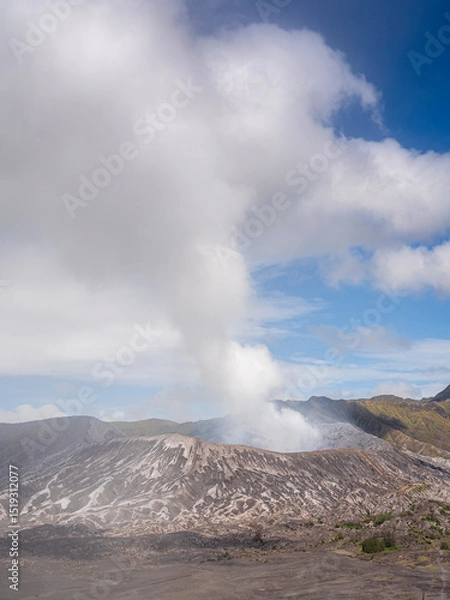 Fototapeta Vertical landscape view of Mount Bromo active volcano in Tengger caldera with plume of smoke, Bromo Tengger Semeru National Park, East Java, Indonesia